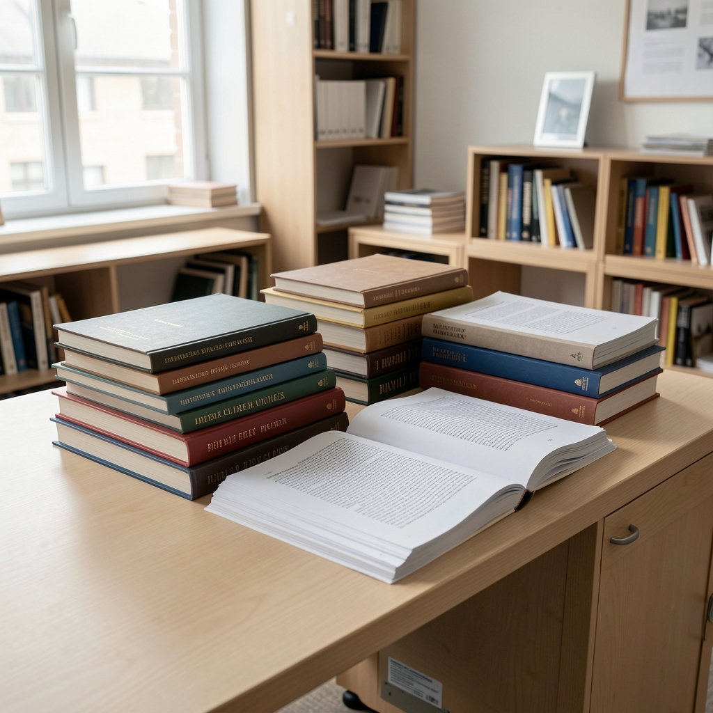 Stacks of reference books and printed research papers arranged on a pale wooden desk in a quiet editorial workspace