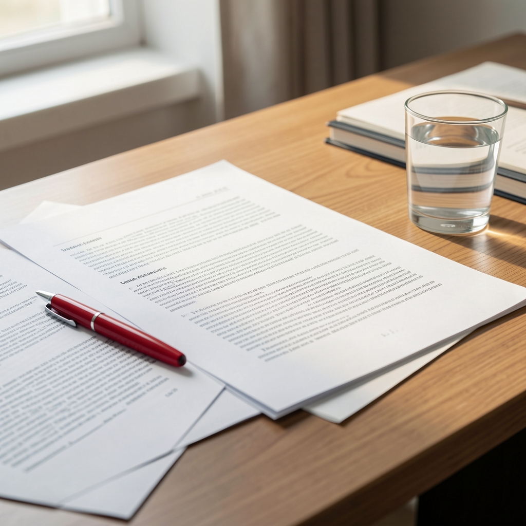 Editorial desk with printed article drafts, a red pen, and a glass of water in soft morning sidelight