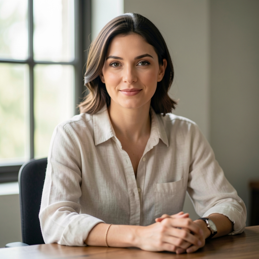 Editorial portrait of a woman in a light linen shirt, seated at a desk near a window, soft diffused daylight