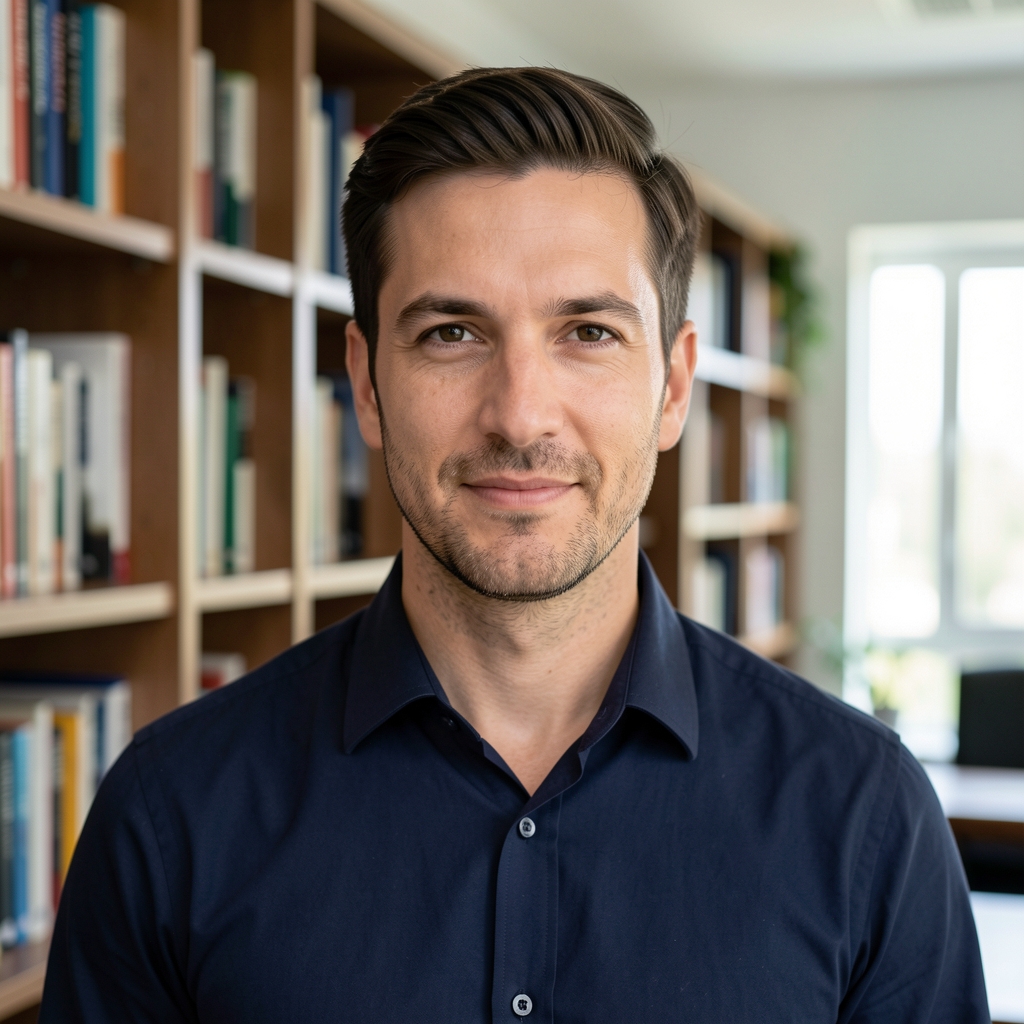 Editorial portrait of a man in a dark navy shirt, standing in front of a wall of bookshelves in a quiet office interior