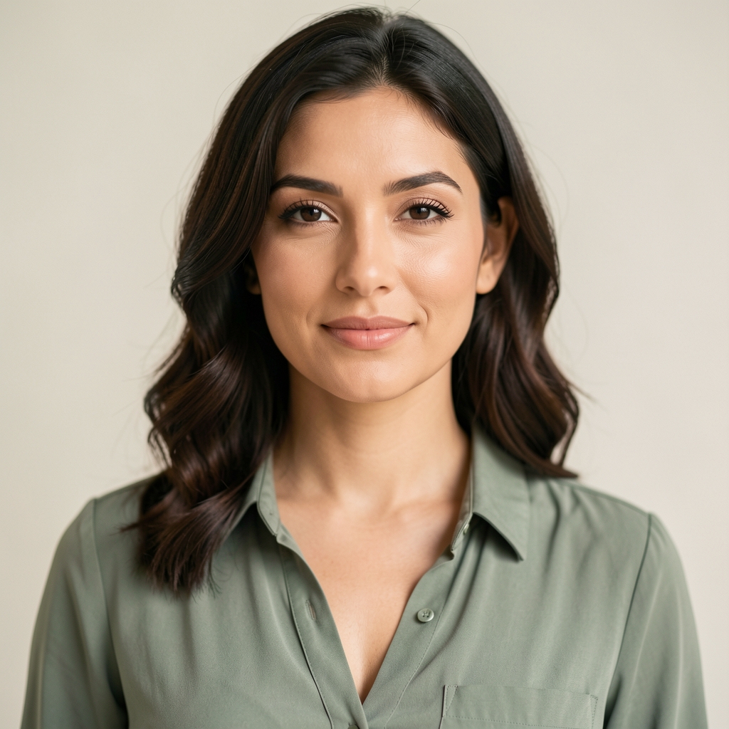 Editorial portrait of a woman in a sage green blouse, photographed against a pale neutral background in controlled studio lighting