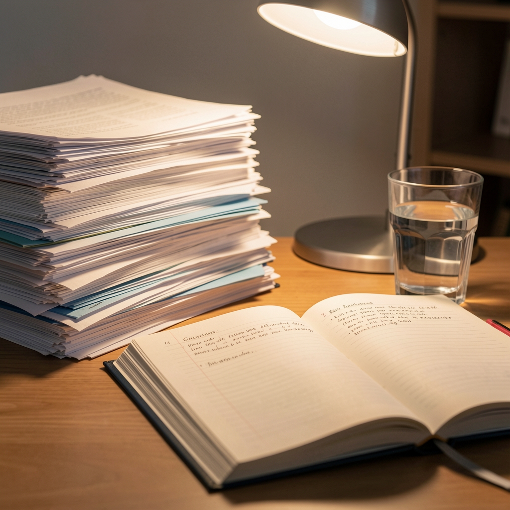 Editorial workspace with stacked research papers, a glass of water, and an open book with margin annotations under warm desk lighting