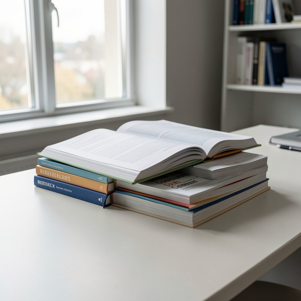 Stack of open research journals and papers on a clean editorial desk, with natural light from a large window illuminating the workspace