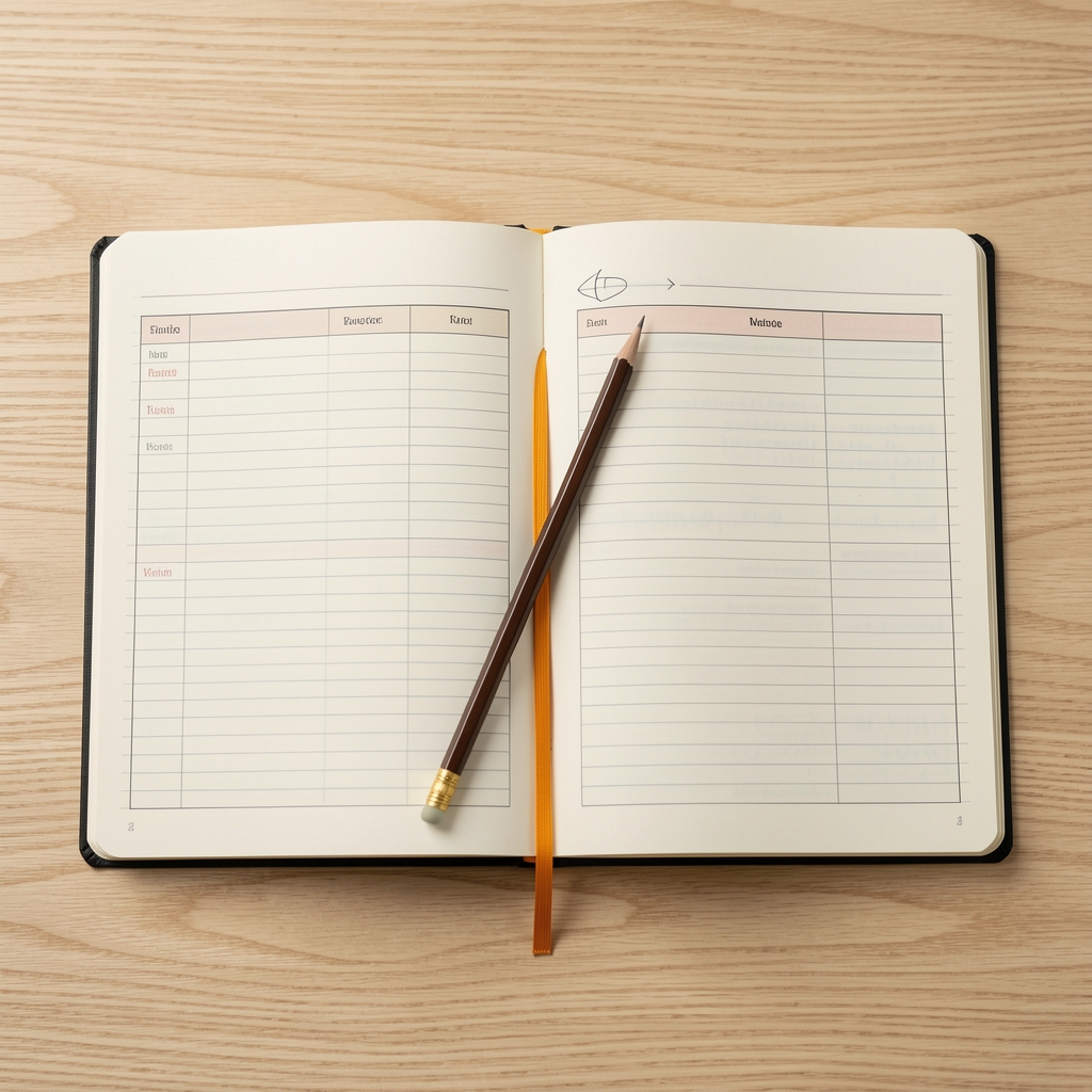Annotated page of a nutrition journal spread open on a pale oak table with a pencil resting across the spine