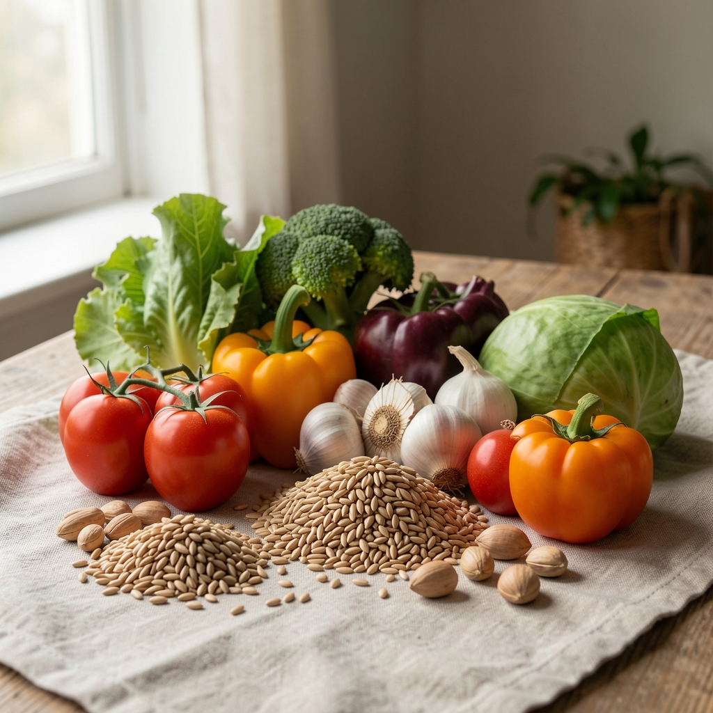 Arrangement of seasonal vegetables and whole grains on a linen cloth, soft natural sidelight from a studio window