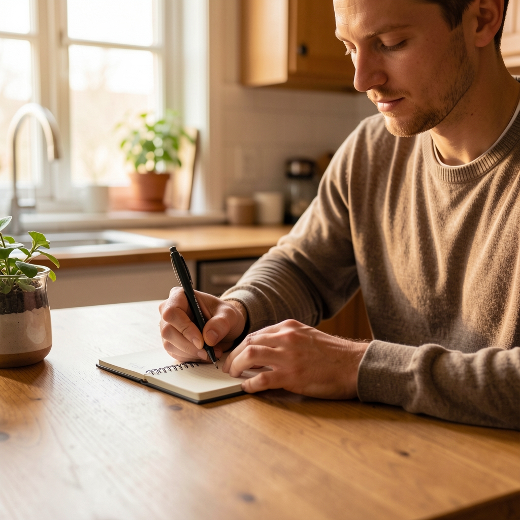 Person seated at a kitchen table writing by hand in a small notebook, warm interior daylight filling the background