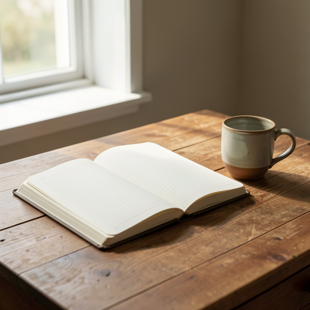 Open notebook resting on a wooden desk beside a ceramic cup, soft morning daylight filtering through a nearby window