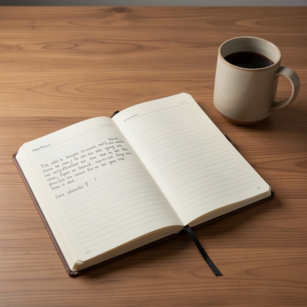Simple weekly planner notebook open on a wooden desk, handwritten notes visible under studio lighting with a ceramic mug beside it