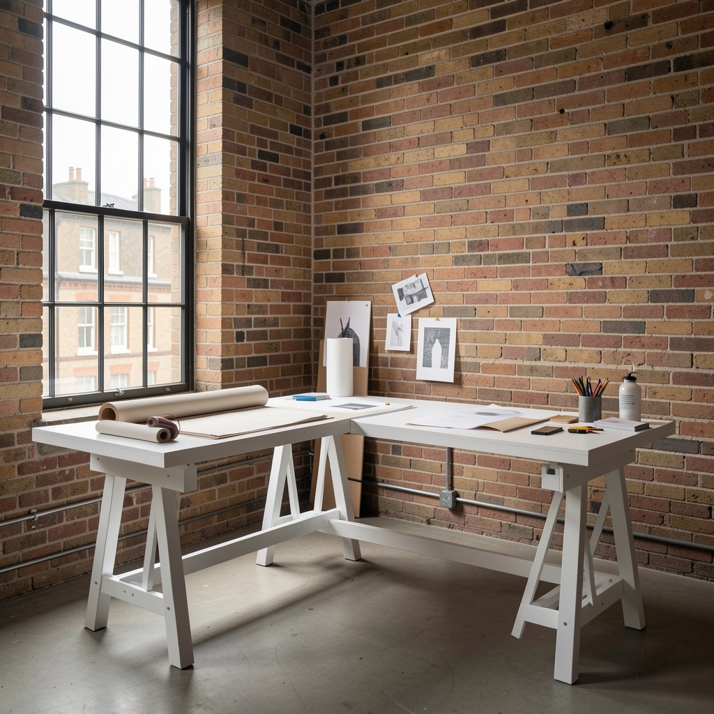 Corner of a London editorial studio with a tall window, bare brick wall, and a long white trestle table used for layout work