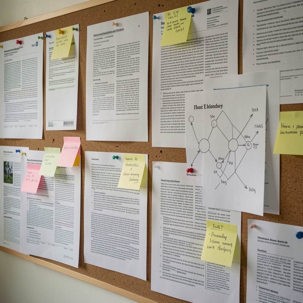 Close-up of a research pinboard covered with printed journal abstracts, sticky notes, and a hand-drawn diagram
