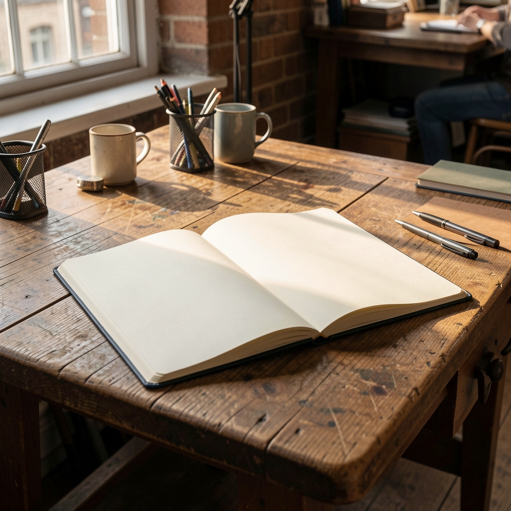 Late afternoon light falling across an open notebook on a worn wooden desk in a quiet Clerkenwell workspace